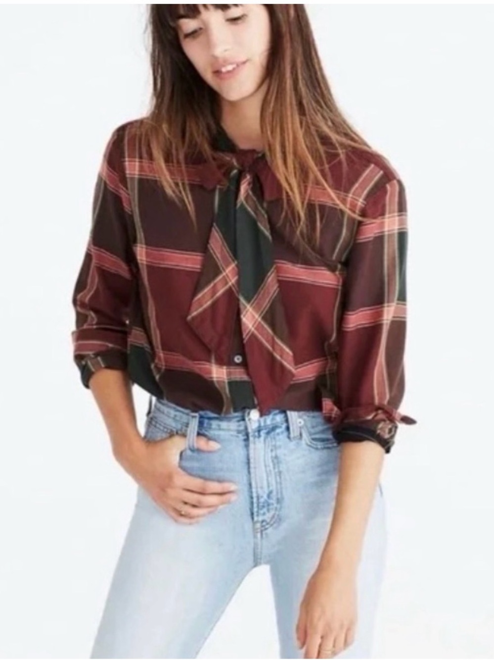 Madewell Women’s Plaid Tie-Neck Button-Down Top, Burgundy Size Medium